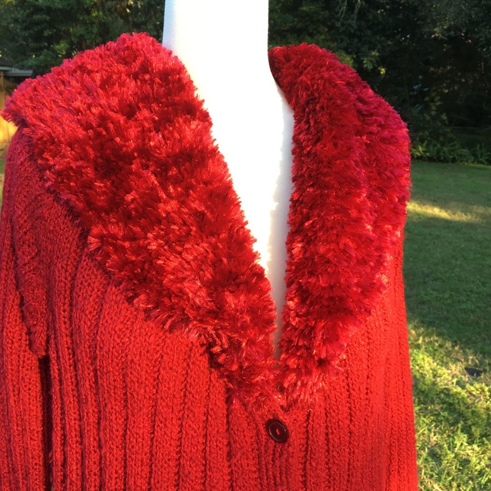Long Sweater Coat With Furry Collar L